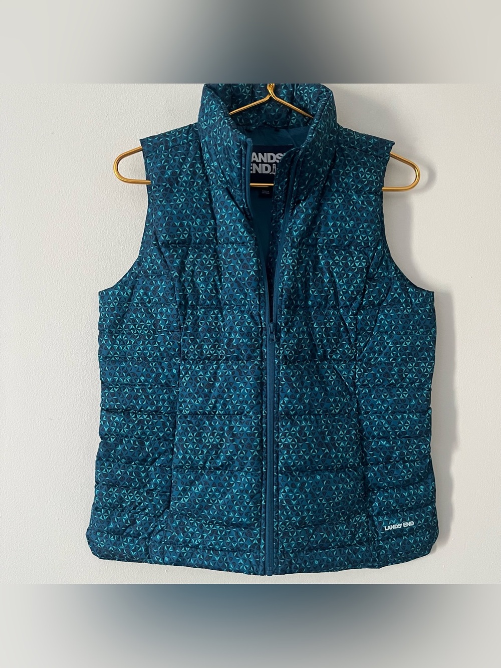 Lands' End Women's Down Puffer Vest Teal Navy Blue Green Geometric Gorpcore S